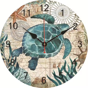 Silent Non Ticking Round Wall Clock, Vintage Ocean Sea Turtle Starfish Map Home Decor Battery Operated for Living Room, Kitchen, Bedroom