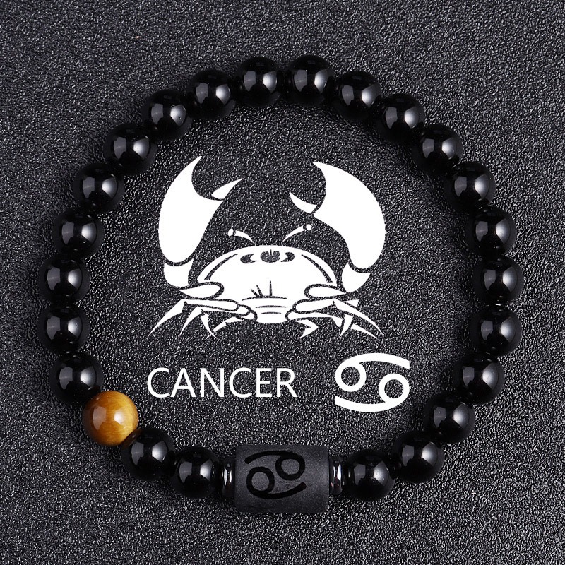 Cancer Zodiac Bracelet – Black Natural Stone – 8mm Elastic Beaded Bracelet for Men Women