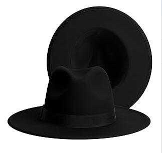 Fedora Hat for Men Women – All Black – 58cm (M) – Wide Brim Jazz Hat with Black Woven Square Pattern Band – Adjustable Size – Gift for Family & Friends