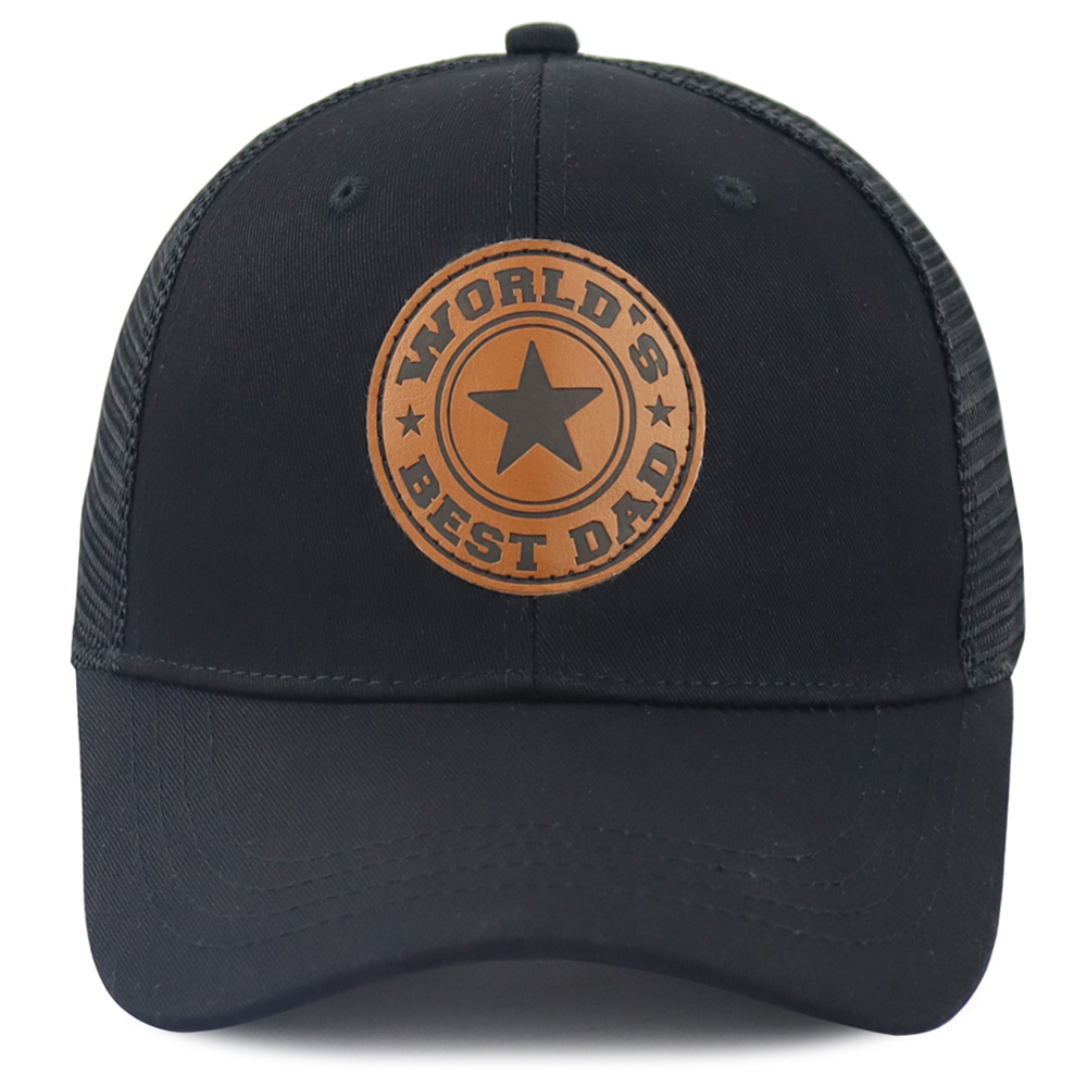 World's Best Dad Trucker Hat - Adjustable Black Mesh Baseball Cap with Leather Patch, Perfect Father's Day Gift