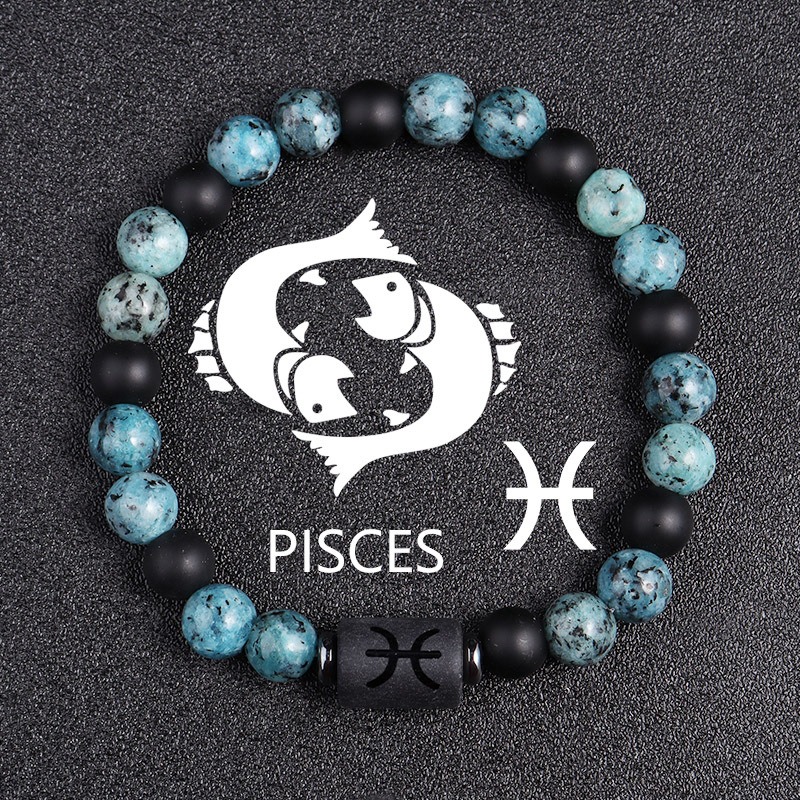 Pisces Zodiac Bracelet – Blue-Black Natural Stone – 8mm Elastic Beaded Bracelet for Men Women