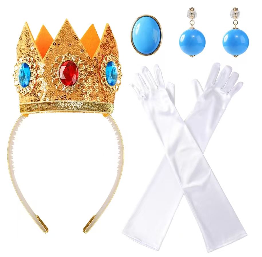 Princess Peach Costume Accessories Set – 4 PCS (Crown, Earrings, Gloves, Brooch) – Princess Dress Up for Women and Girls – Cosplay Party Supplies