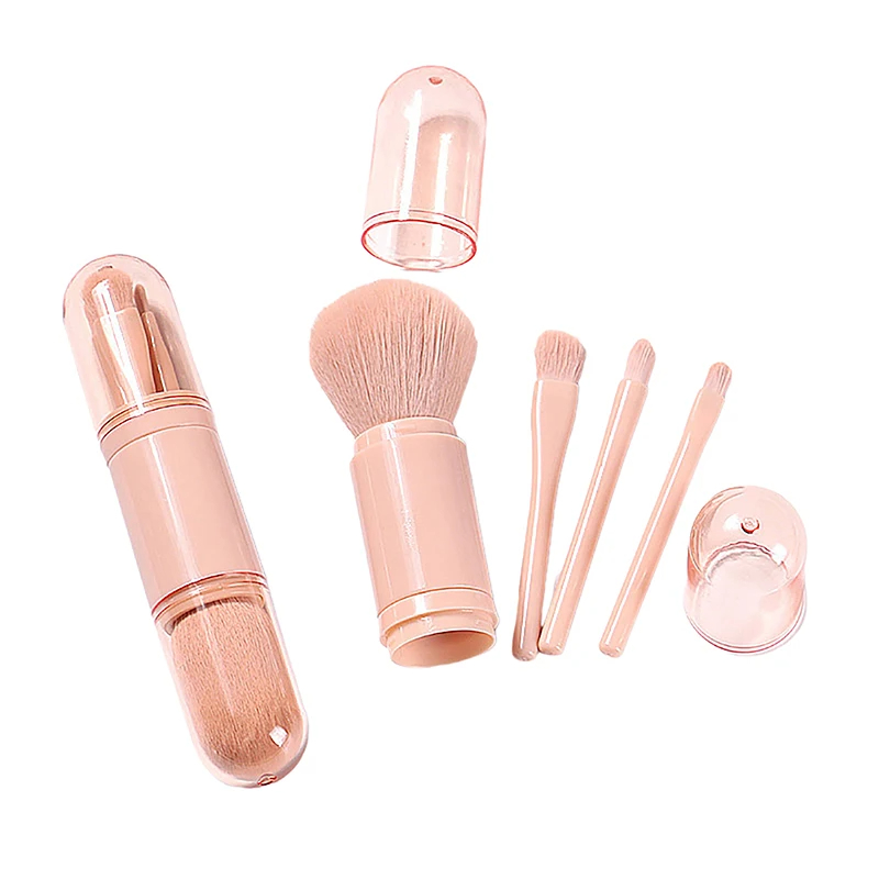 4-in-1 Portable Makeup Brush Set – Pink – Travel Makeup Brushes with Protective Caps – Synthetic Bristles + Plastic Handle – Full Face Kit for Women & Teens – Gift Set
