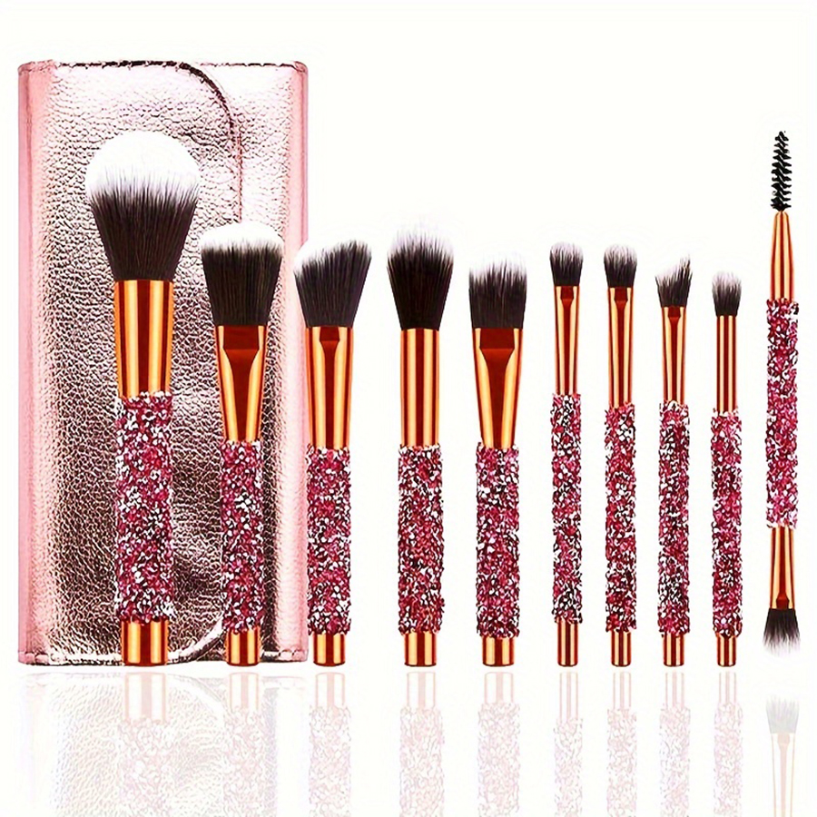 10-Piece Glitter Makeup Brush Set with Rose Gold Travel Case - Professional Synthetic Brushes for Face & Eye Makeup