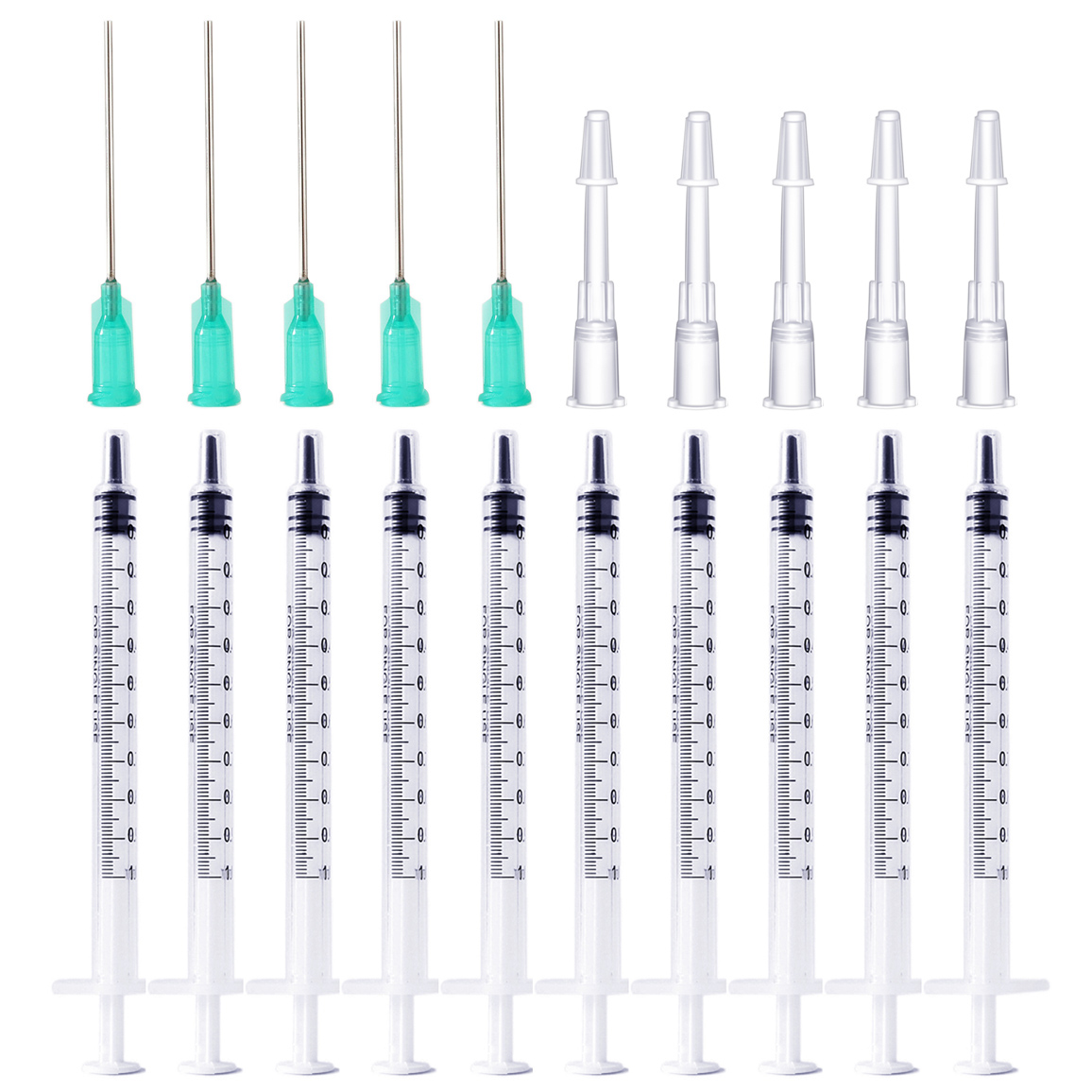 1ml Syringe Kit – 10 Syringes + 5 Stainless Steel 18G Flat Tip Needles + 5 Plastic Flat Tip Needles – Luer Slip Tip for Pet Feeding Glue Hobby