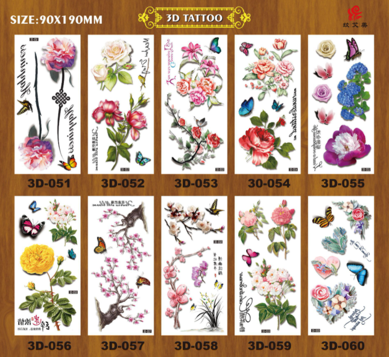 Flower 3D Tattoo Sticker – Waterproof Temporary Removable Fake Tattoo – Single Sheet 90 x 190mm – for Arm Leg Body Art