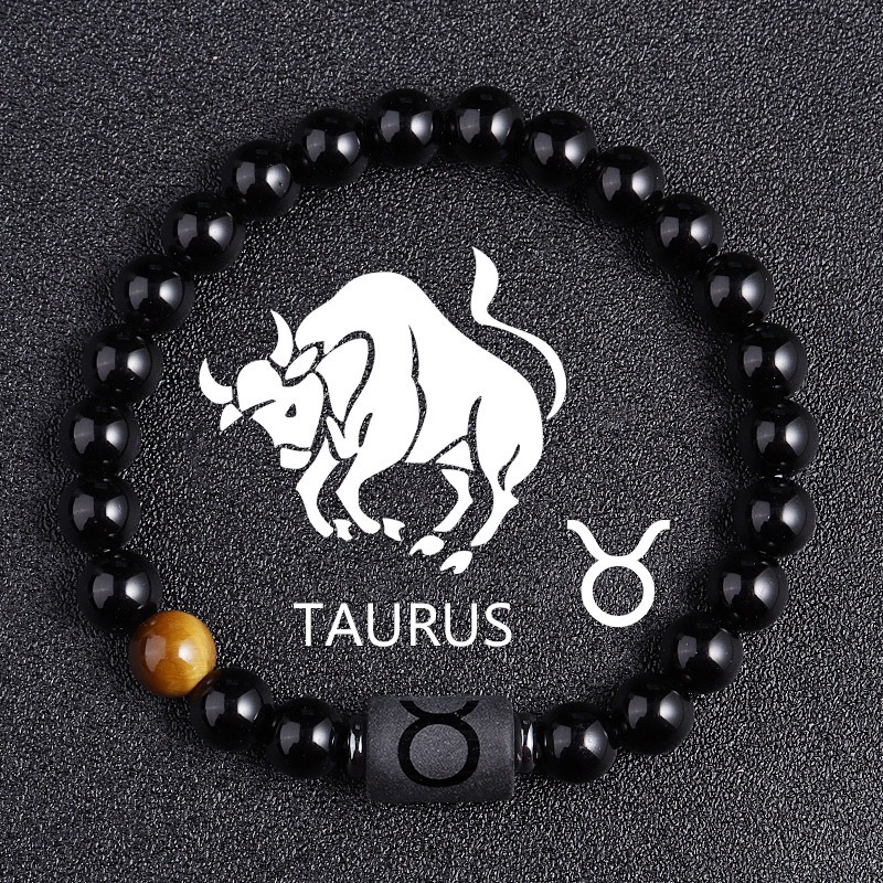 Taurus Zodiac Bracelet – Black Natural Stone – 8mm Beaded Elastic Bracelet for Men Women – Stretchy Adjustable Feng Shui Bracelet – Positive Energy Gift for Couples