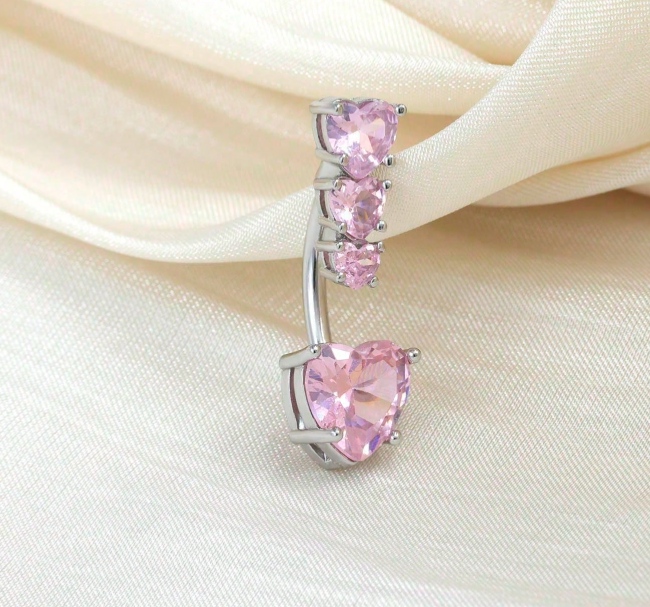 Pink Heart CZ Umbrella Ring – Hypoallergenic Surgical Steel Body Jewelry – Heart Shaped Zirconia Belly Button Ring – Valentine’s Day Gift for Women