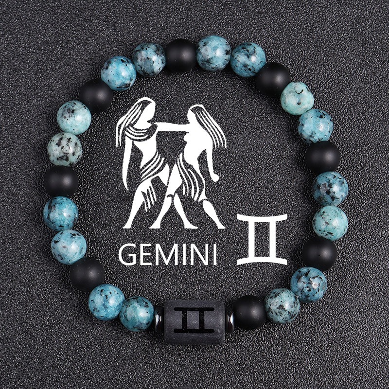 Gemini Zodiac Bracelet – Blue-Black Natural Stone – 8mm Elastic Beaded Bracelet for Men Women