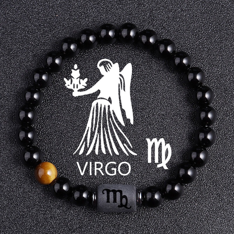 Virgo Zodiac Bracelet – Black Natural Stone – 8mm Beaded Elastic Bracelet for Men Women – Stretchy Adjustable Feng Shui Bracelet – Positive Energy Gift for Couples