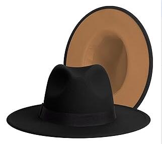 Fedora Hat for Men Women – Black Exterior / Camel Interior – 60cm (L) – Wide Brim Jazz Hat with Woven Square Pattern Band – Adjustable Size – Gift for Family & Friends