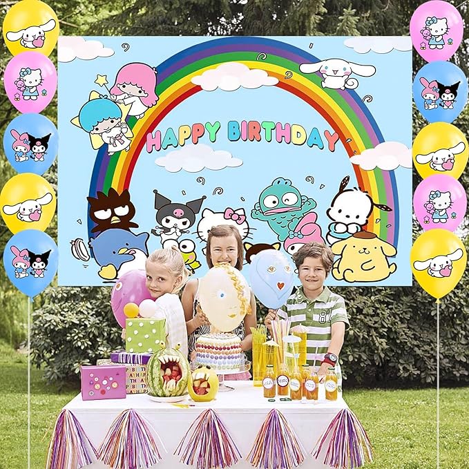 San-rio Birthday Party Backdrop Decoration, Vinyl Material, White with Red Accents,  5*3ft with balloons set,
