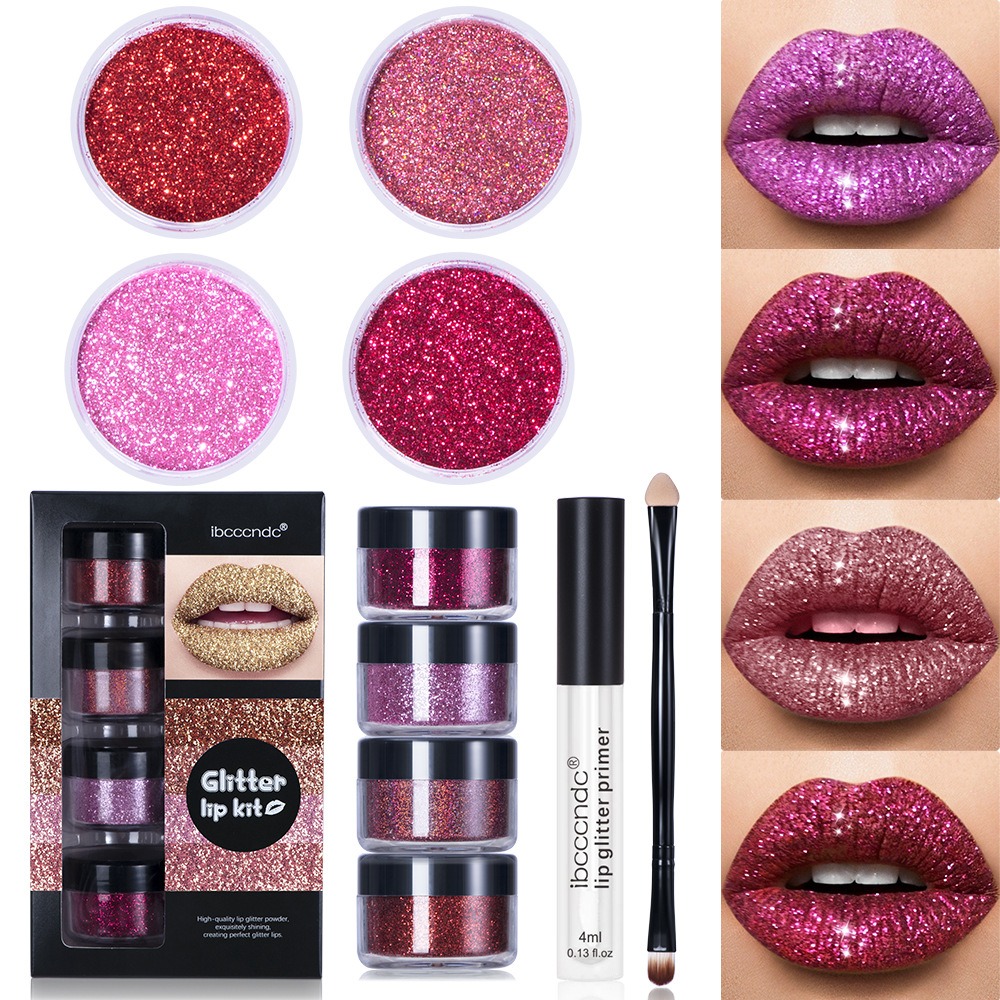 ibcccndc Glitter Lip Gloss Set – 1# – Includes 4ml Primer + 4 x 10g Glitter + Double-Headed Brush – Lip Makeup Kit