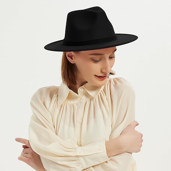 Fedora Hat for Men Women – Black Wool Felt Jazz Hat – Wide Brim Fedora with Adjustable Size – 58cm (M) – Ideal Gift for Family & Friends