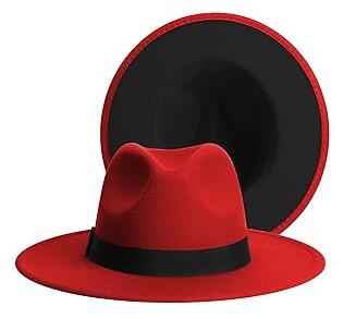 Fedora Hat for Men Women – Wine Red Exterior / Black Interior – 58cm (M) – Wide Brim Jazz Hat with Leather Belt Buckle Band – Adjustable Size – Gift for Family & Friendsl