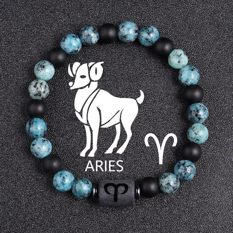Aries Zodiac Bracelet – Blue-Black Natural Stone – 8mm Beaded Elastic Bracelet for Men Women – Stretchy Adjustable Feng Shui Bracelet – Positive Energy Gift for Couples