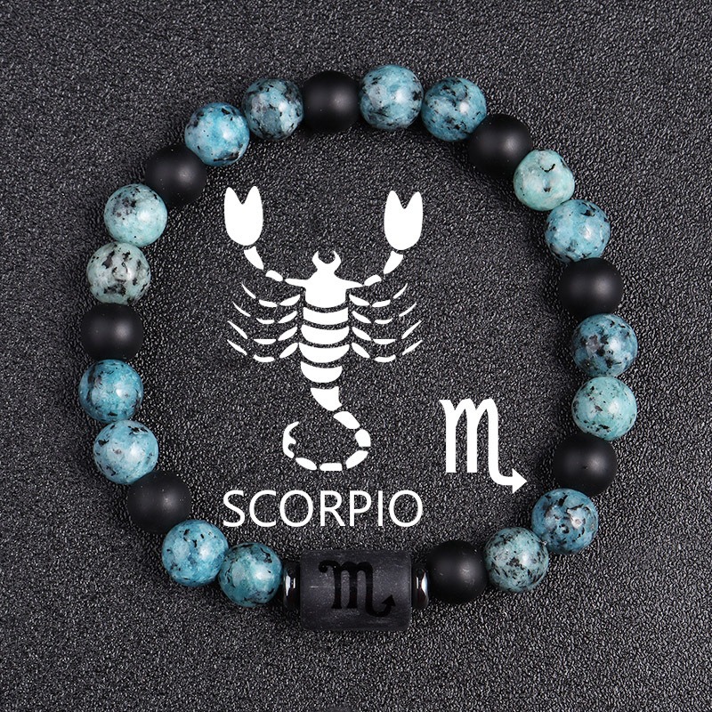 Scorpio Zodiac Bracelet – Blue-Black Natural Stone – 8mm Elastic Beaded Bracelet for Men Women