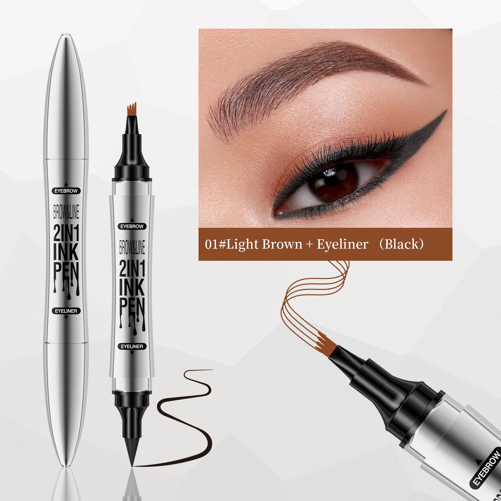  Hello Kiss Brow & Line 2-in-1 Pen – Eyebrow + Eyeliner – 3ml – Long Lasting – All Skin Types – 01# Light Brown / 02# Dark Brown / 03# Grey / 04# Black