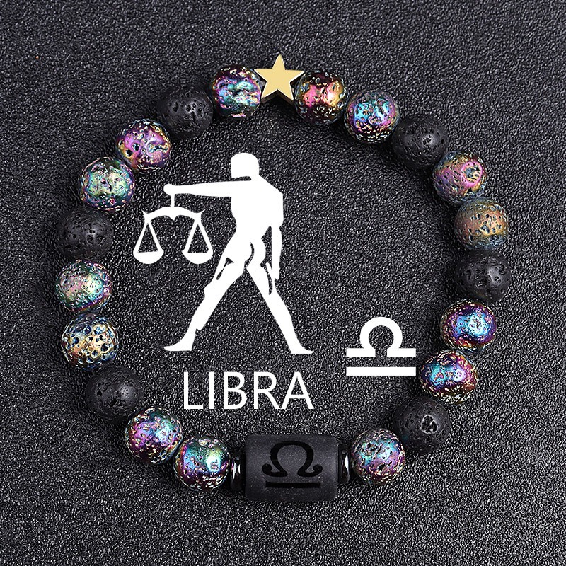 Twelve Constellation Elastic Bracelet – Natural Tiger Eye Lava Stone Beads – Unisex Couple Fashion Bracelet – Libra